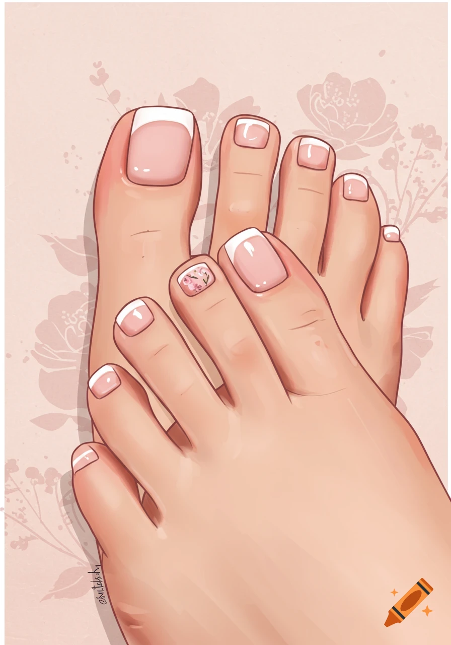 Two feet with French tip pedicures, one nail with a floral design, on a pink floral background.