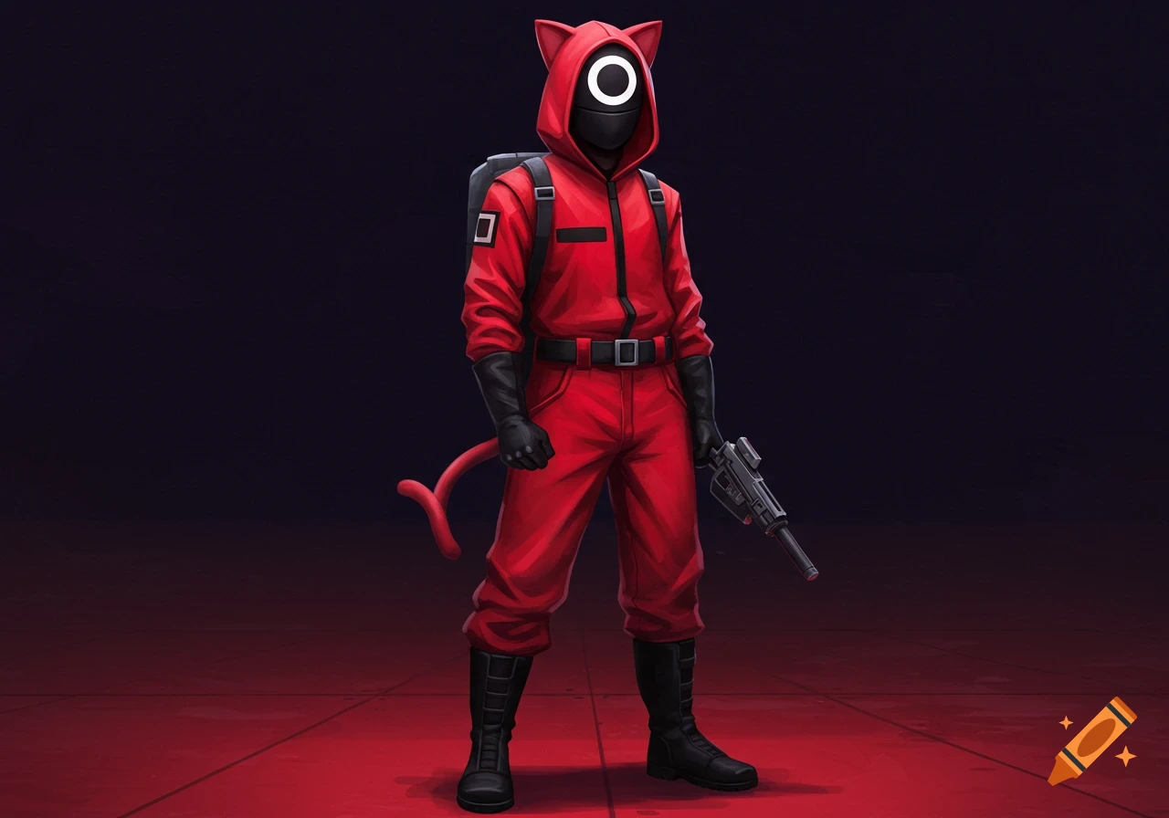 A Squid Game guard in a red suit with cat ears and tail, holding a gun.