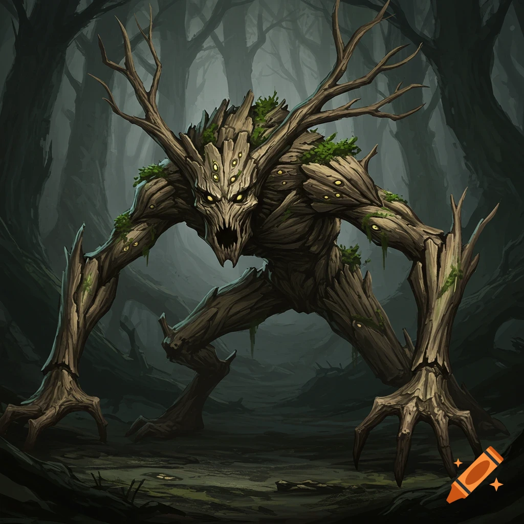 A fantasy creature made of wood and branches in a dark forest.