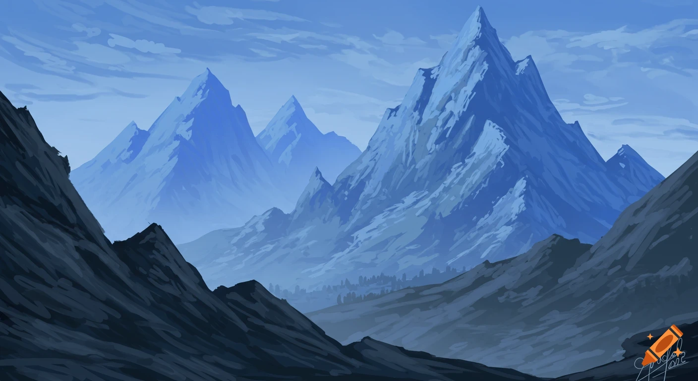 Painted blue mountain range with dark foreground rocks and cloudy sky.