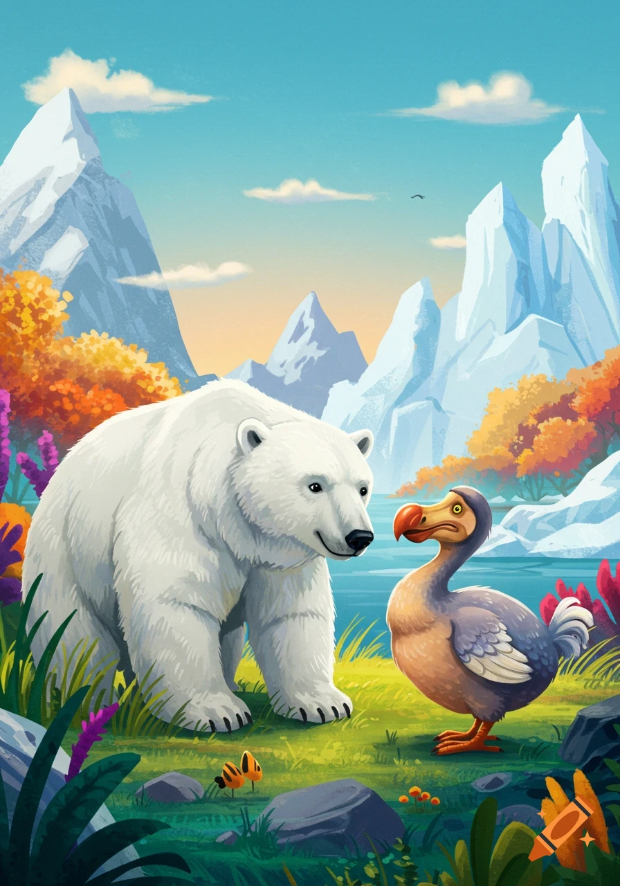 An illustration of a polar bear facing a dodo bird in a colorful landscape with mountains and water.