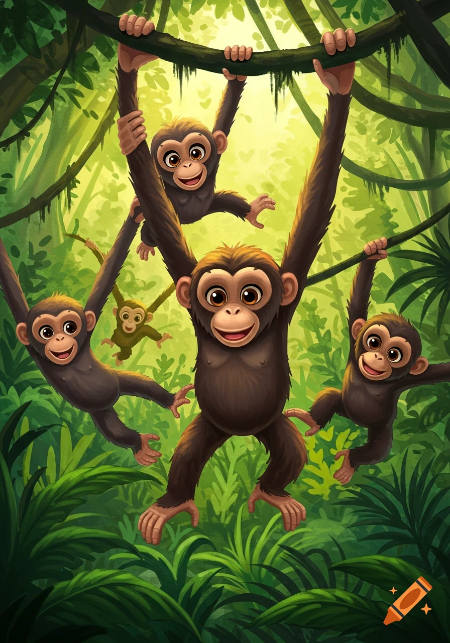 Cartoon chimpanzees swing from vines in a jungle.