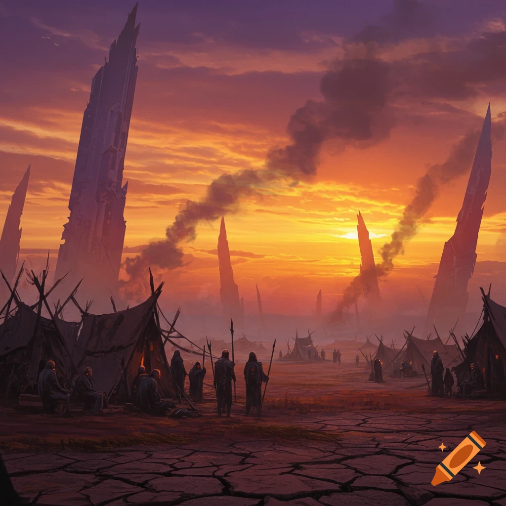 A dystopian landscape with monolithic structures, tents, figures, and cracked ground at sunset.