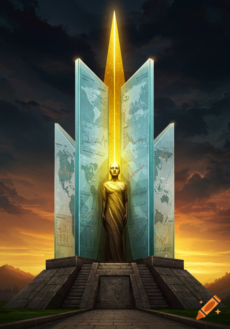 A monument with a golden statue, glowing spire, and translucent panels showing maps and charts against a sunset sky.
