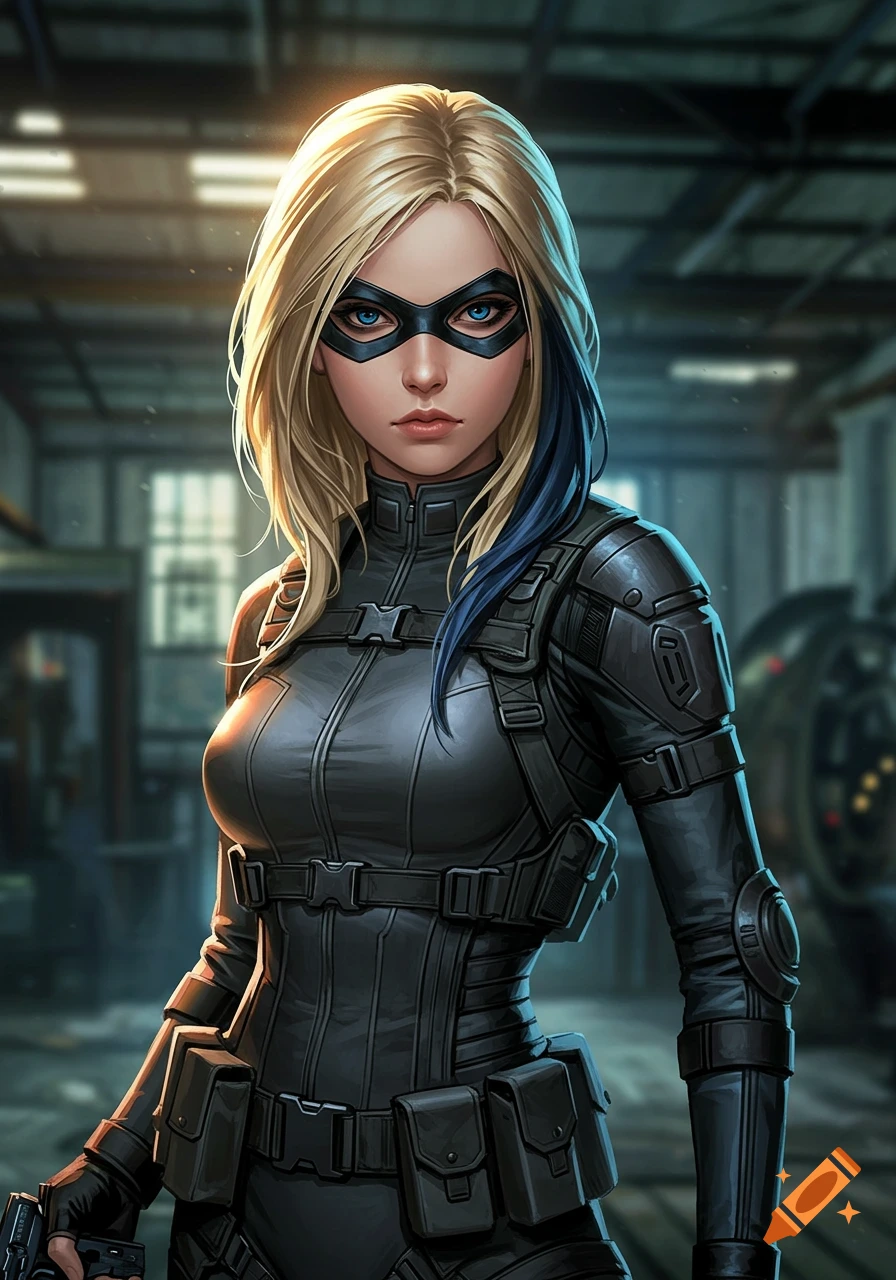 A blonde woman spy in a black tactical suit and mask