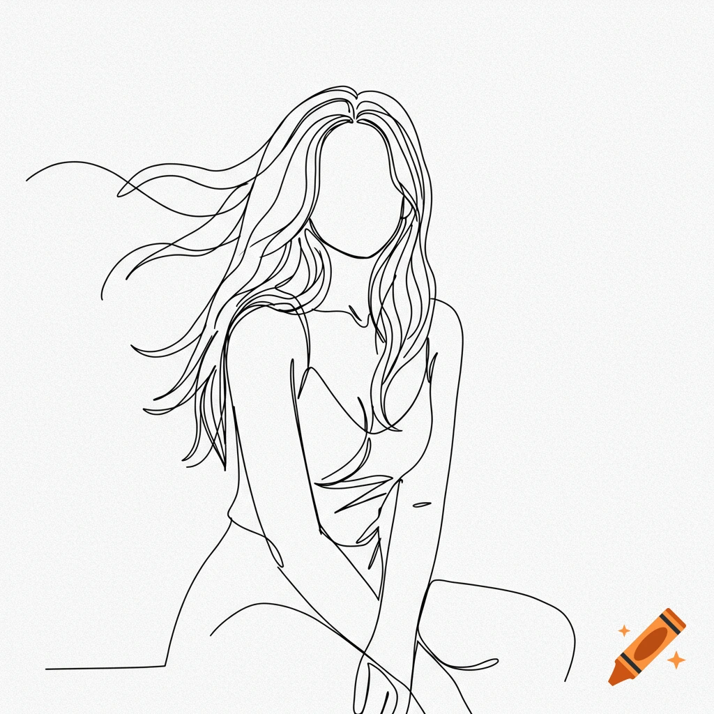Continuous line drawing of a woman with flowing hair, face obscured
