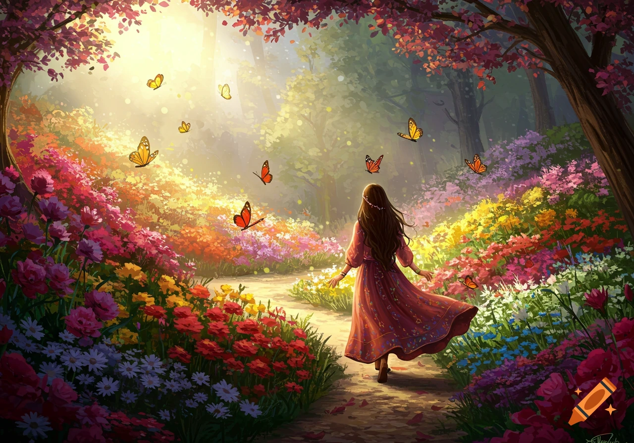 A woman walking through a sunlit fantasy garden filled with colorful flowers and butterflies.