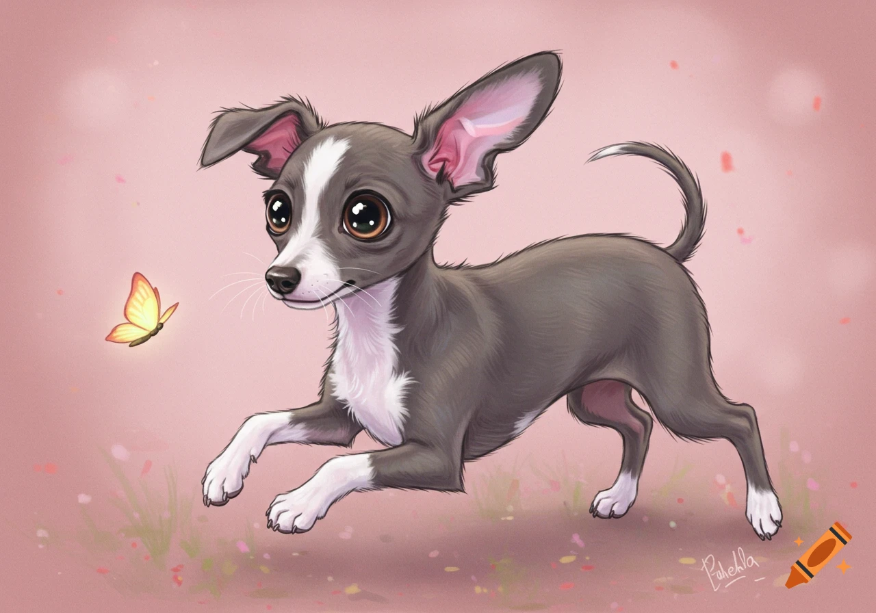 Cute grey puppy runs toward a butterfly.