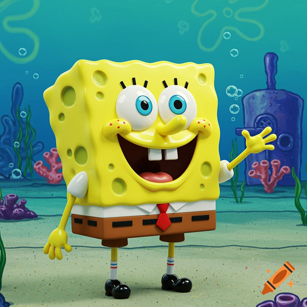 3D render of Spongebob Squarepants smiling and waving underwater