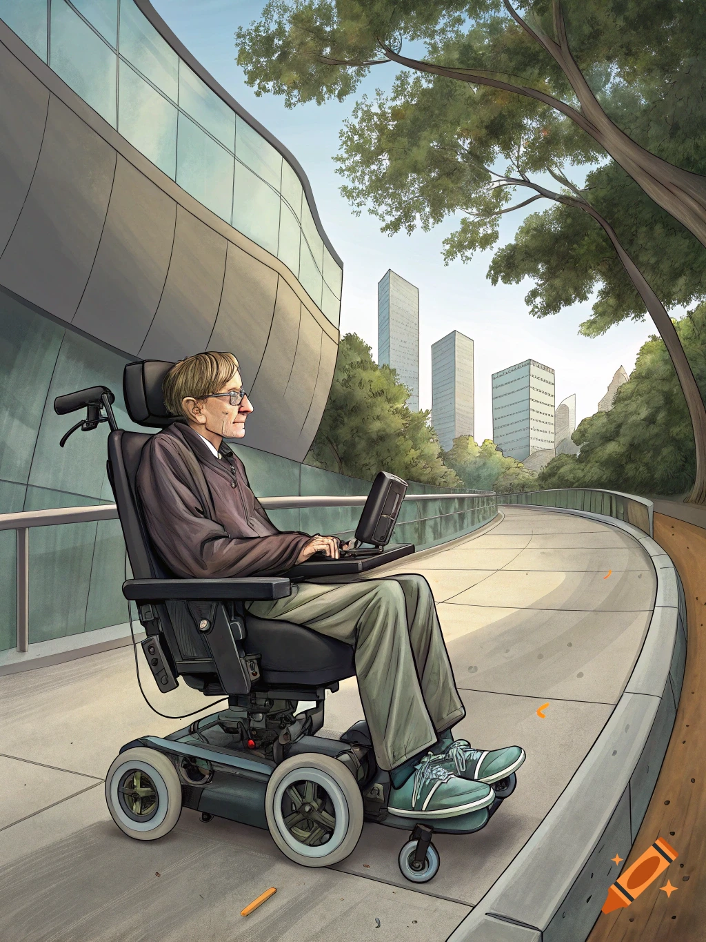 An illustration of a person in a wheelchair using a laptop on a path next to a modern building.