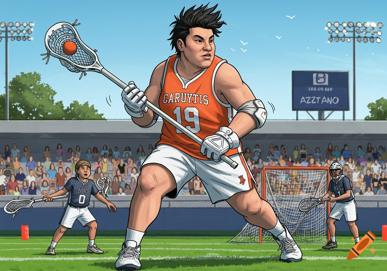 A stylized illustration of a lacrosse player in an orange jersey holding a stick on a field during a game.