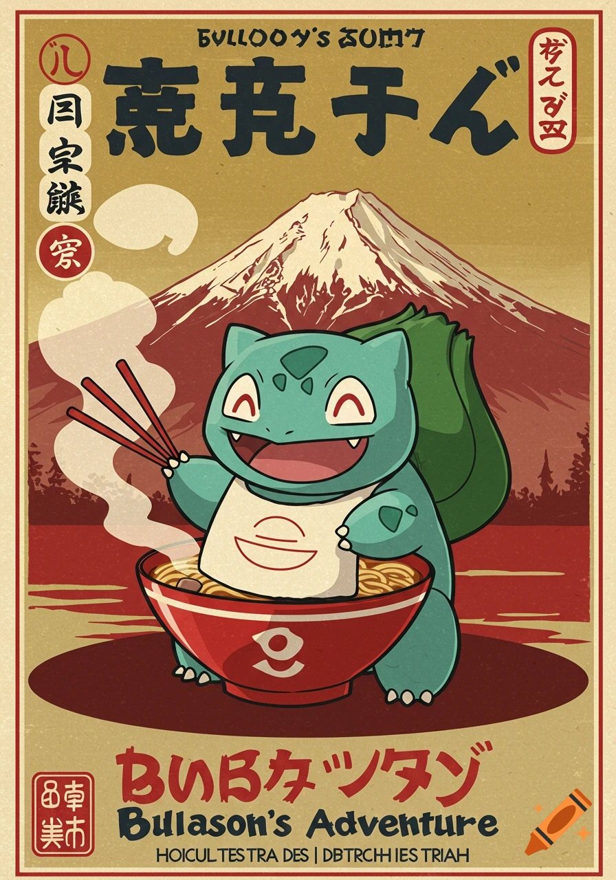 Bulbasaur eating ramen in a retro Japanese travel poster style with Mount Fuji in the background.