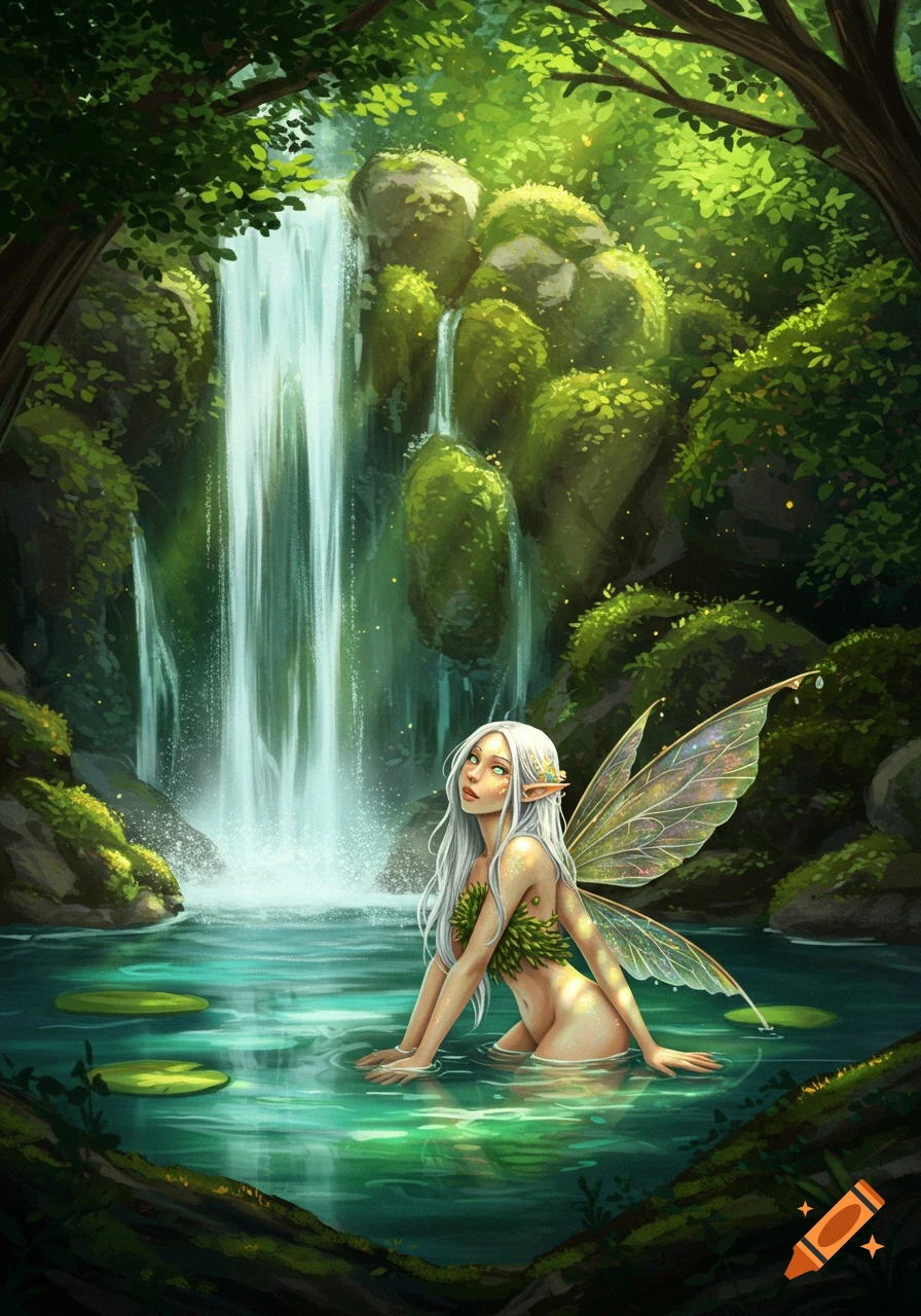 A white-haired fairy with wings sits in a forest pool at the base of a waterfall