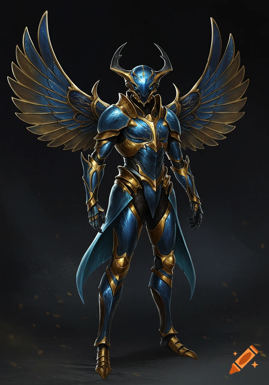 A full-body image of a winged blue and gold armored figure with a futuristic scarab-like helmet.