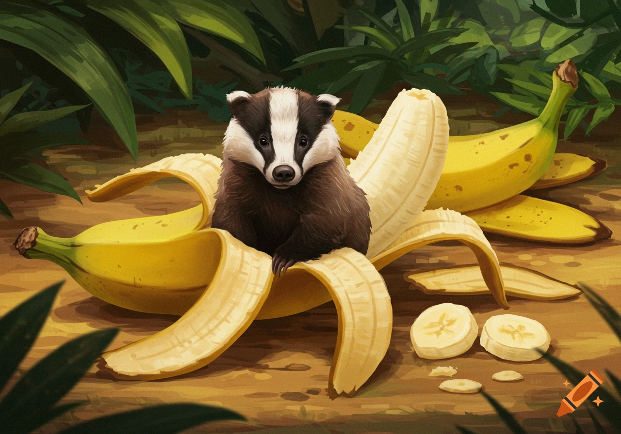 A badger sitting inside a large peeled banana with other bananas nearby.