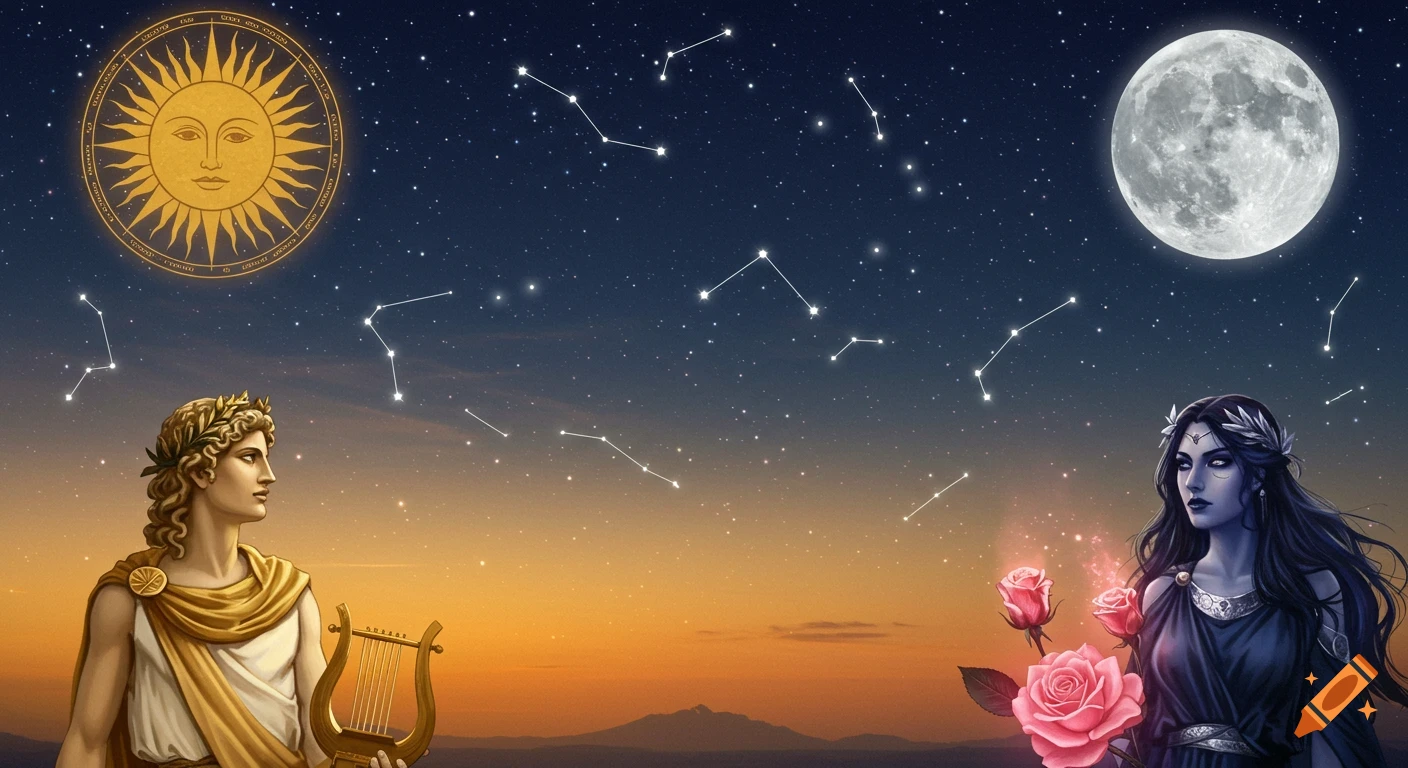Apollo and Hecate gaze at the sun and moon in a twilight sky filled with constellations.