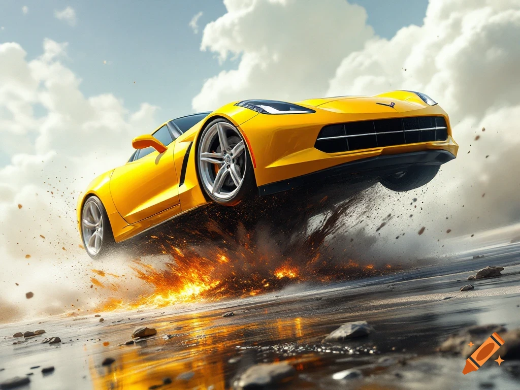 A yellow sports car jumps over an explosion on a wet road under a cloudy sky.
