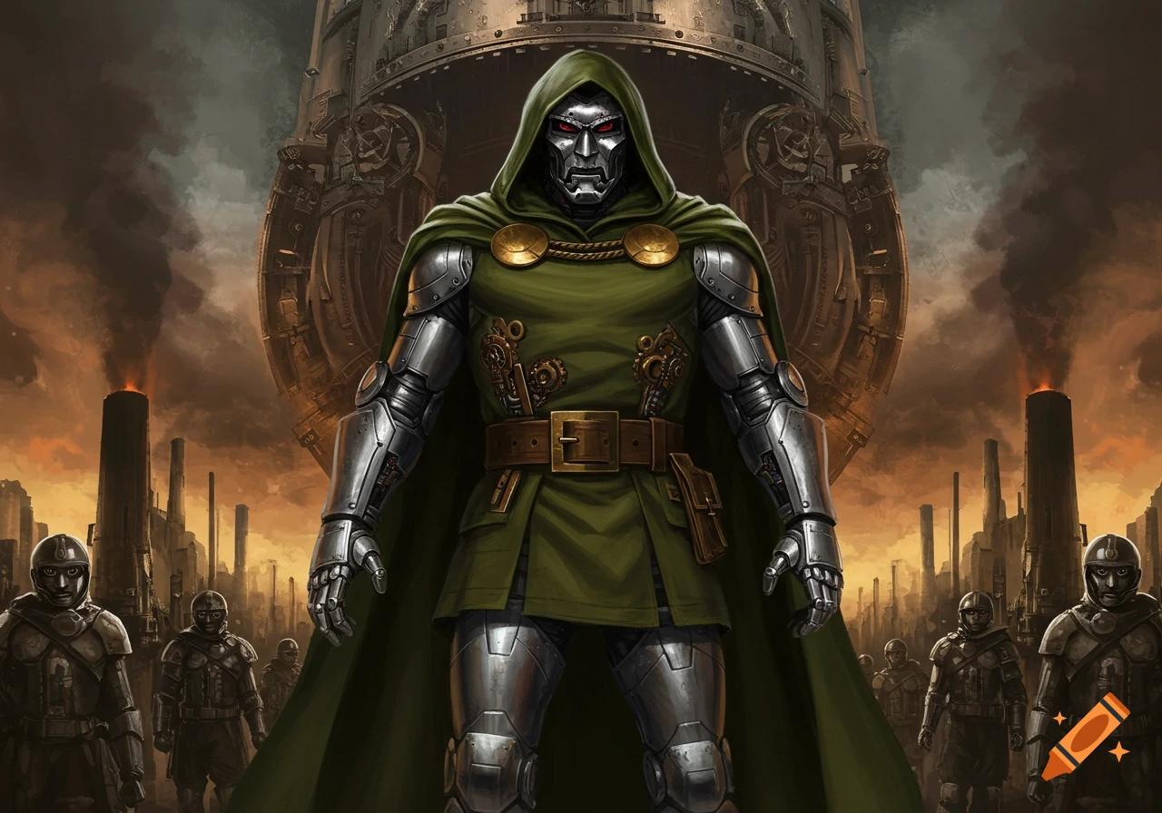 Image of Doctor Doom in metal armor and green cloak, standing before a large machine in a dark industrial city.