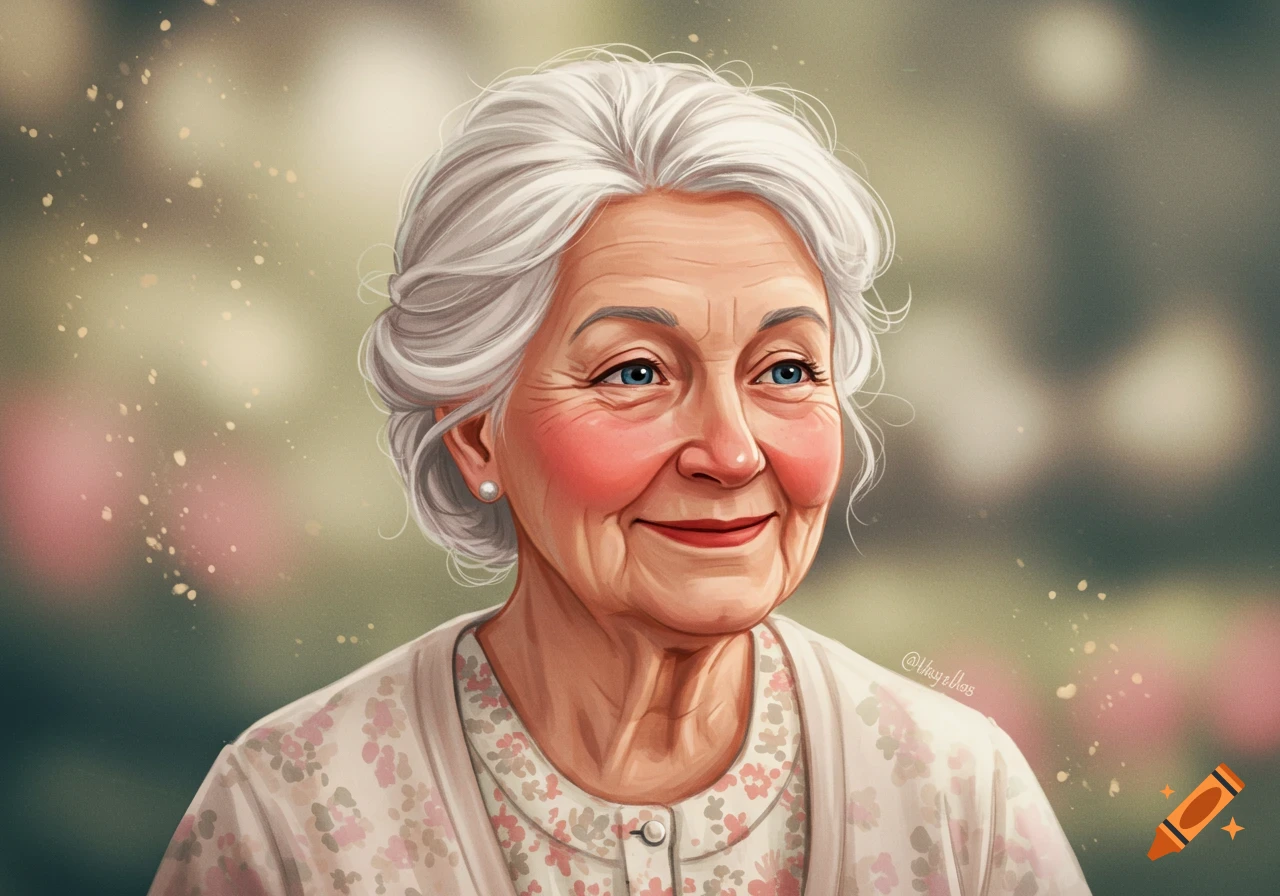 Stylized illustration portrait of a smiling older woman with white hair