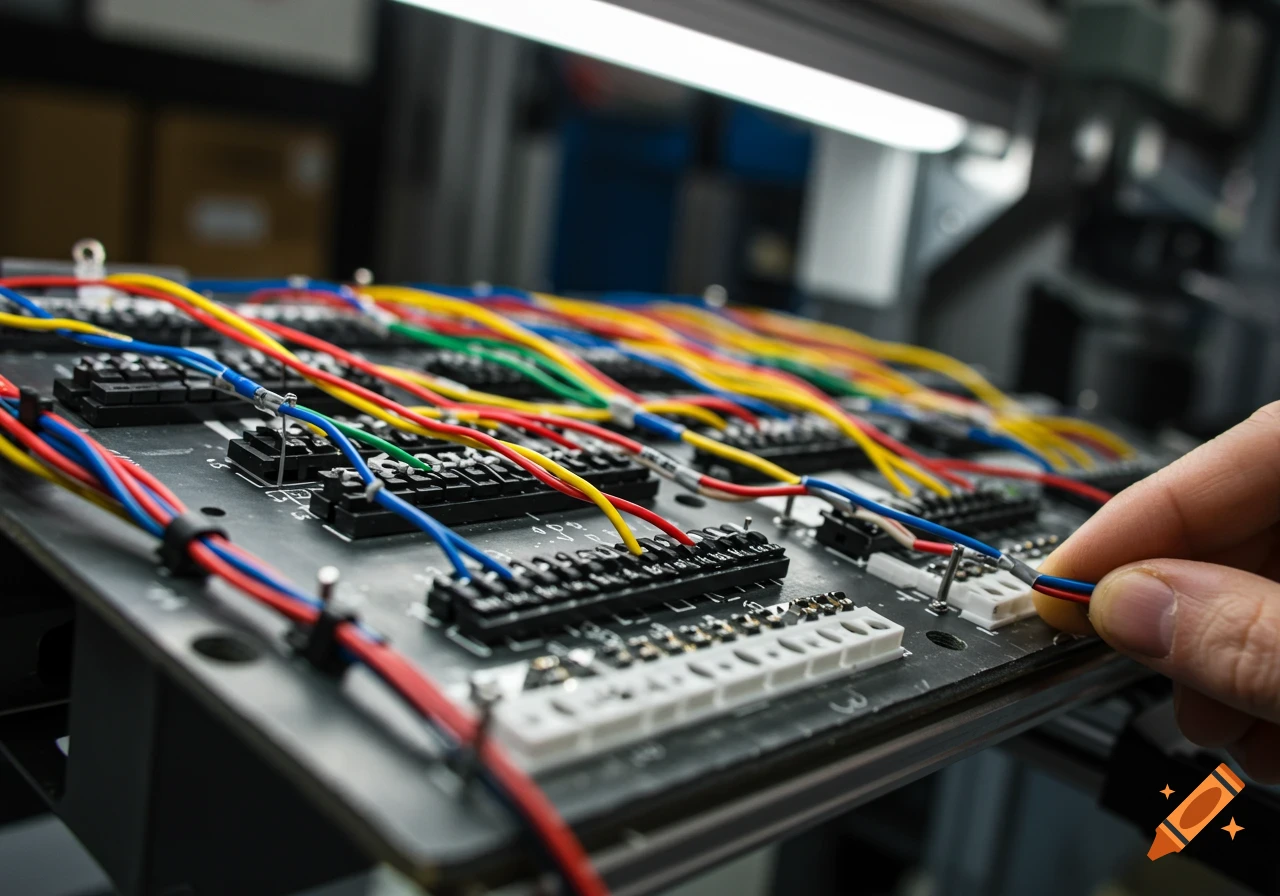 Hand connecting wires to a wire harness board