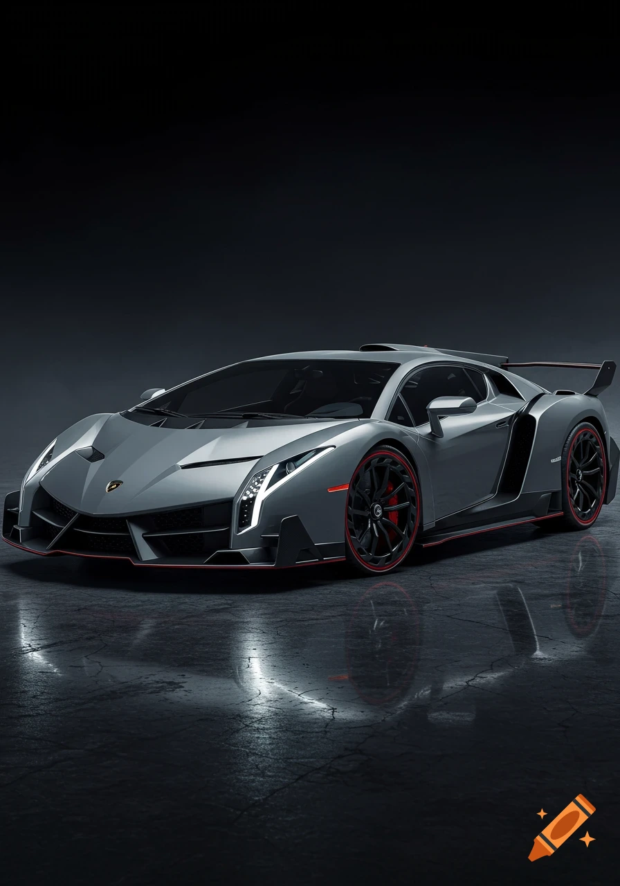 A grey Lamborghini Veneno sports car with red accents is parked in a dark studio.