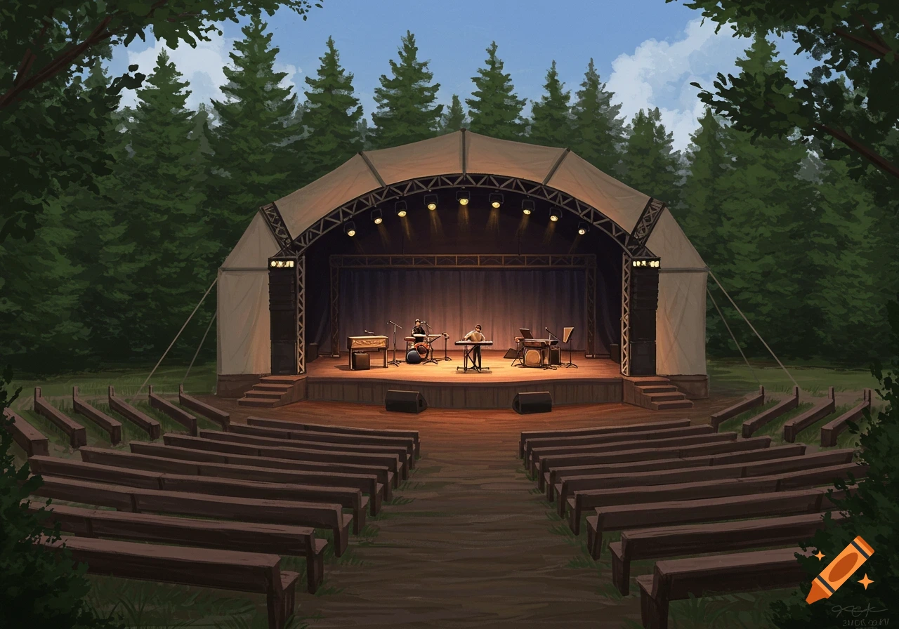 An outdoor stage with seating rows in a forest clearing.