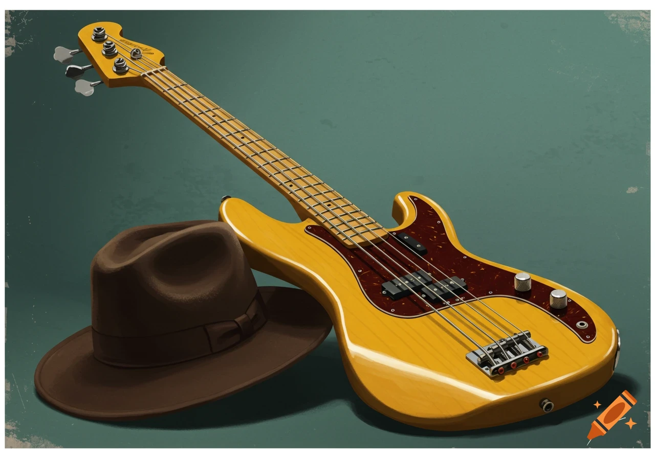 An illustration of a yellow bass guitar leaning against a brown fedora hat.