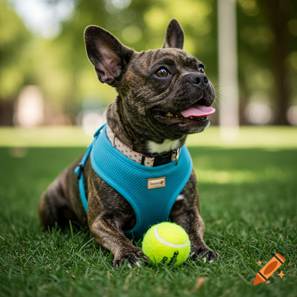 French Bulldog with blue harness lies on grass next to a tennis ball