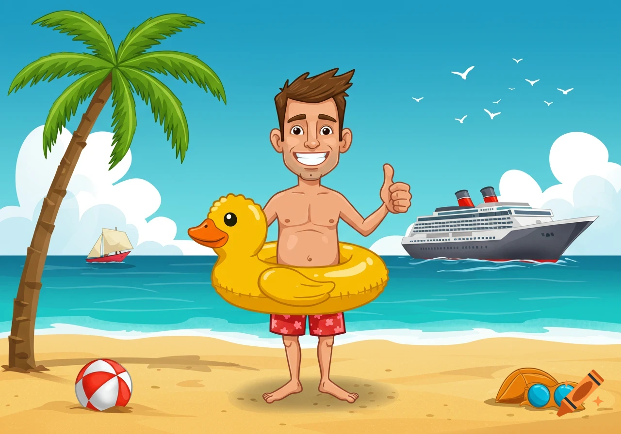 Cartoon man with duck float on beach, thumbs up, with palm tree and cruise ship.