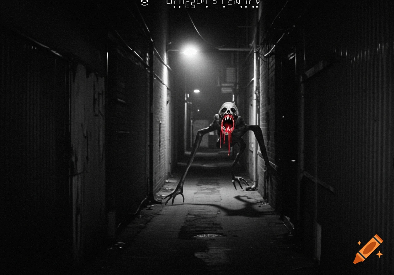 A tall, skeletal monster with red syrup around its mouth stands in a dark alley, styled like grainy CCTV footage.