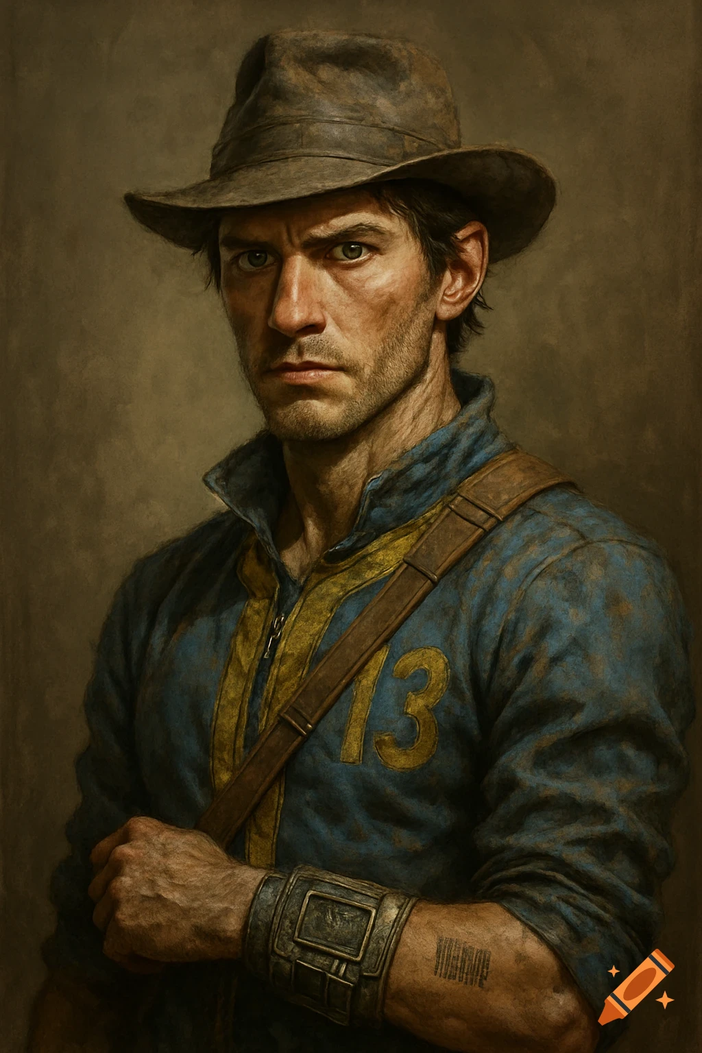 Portrait of a man in a blue and yellow outfit and hat, looking like a Fallout Vault Dweller, painted style.