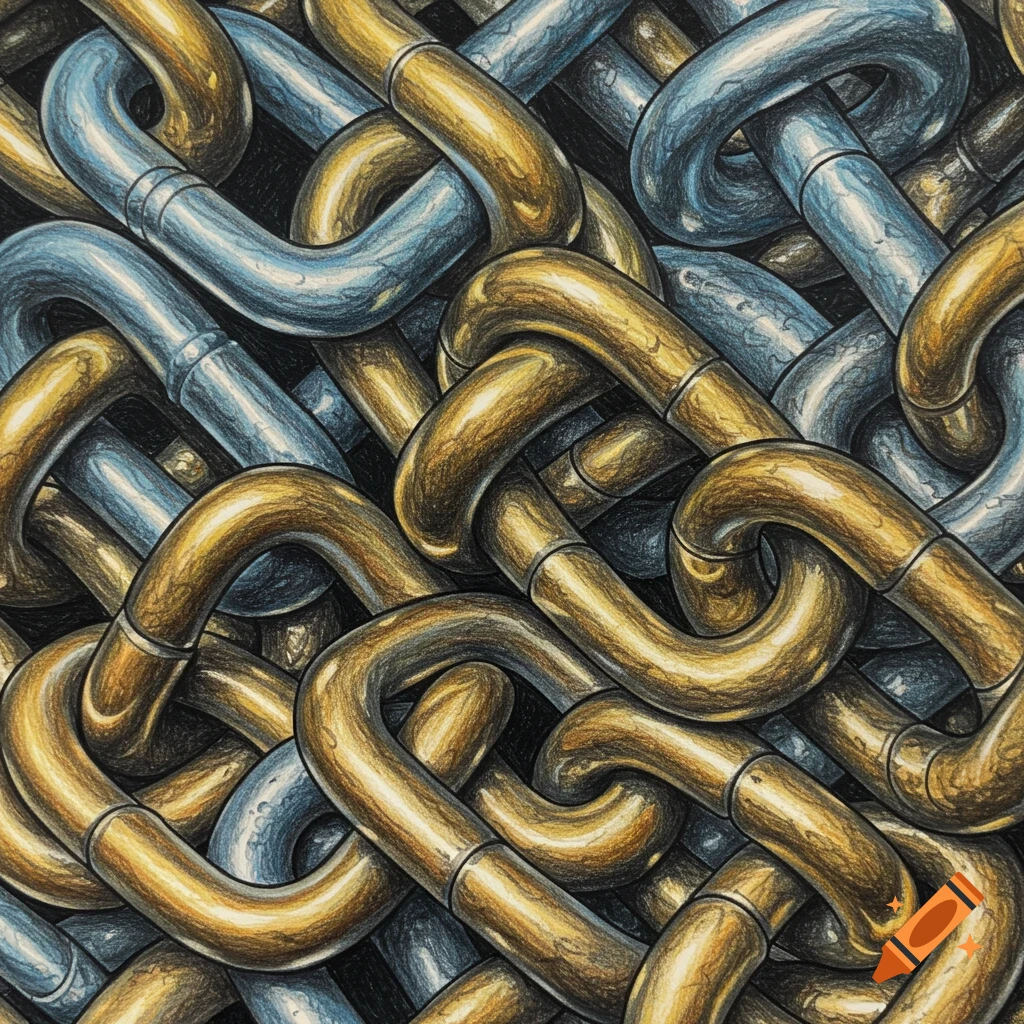 Close-up texture of tangled gold and silver chains drawn in colored pencil.