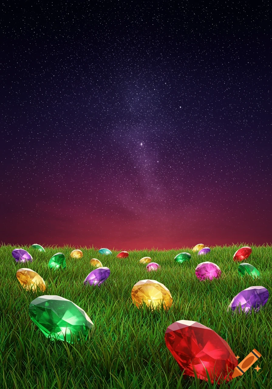 A field of colorful gemstones under a starry night sky.