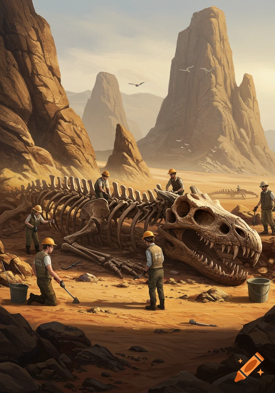 paleontologists excavating a large fossil skeleton in a desert landscape