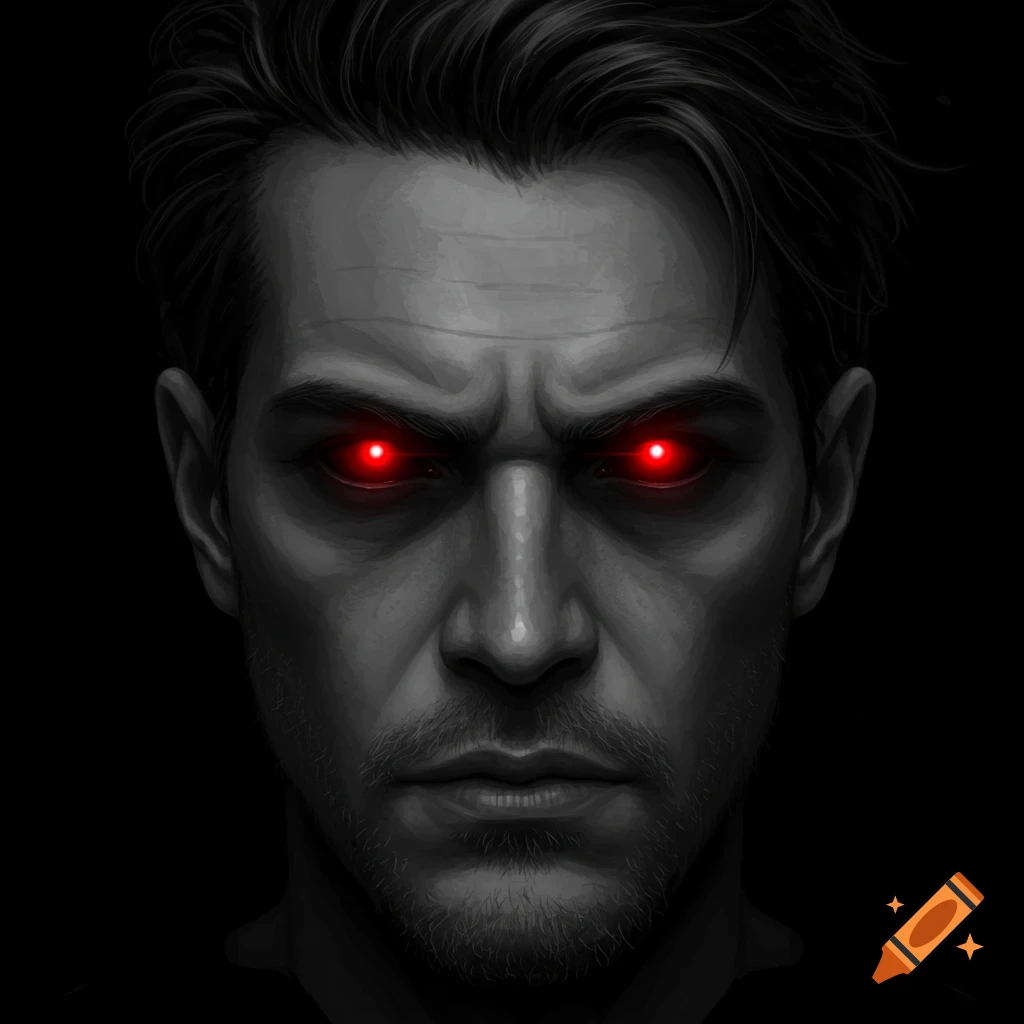 Digital painting of a grayscale man with glowing red eyes
