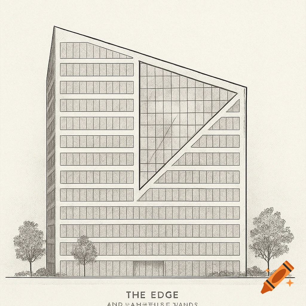 Architectural elevation drawing of a modern building with a leaning trapezoidal shape and large triangular glass section, sketched style.
