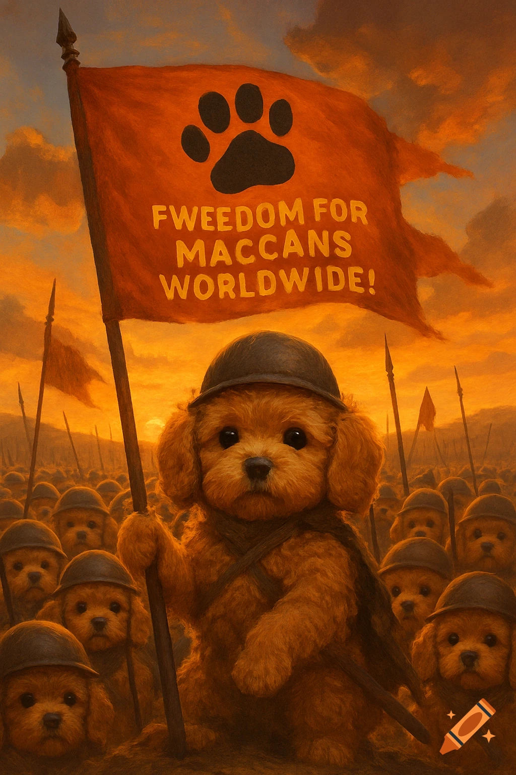 Cute puppy soldier leads an army of puppies holding a flag that says 'FWEEDOM FOR MACCANS WORLDWIDE!' on a battlefield at sunset.