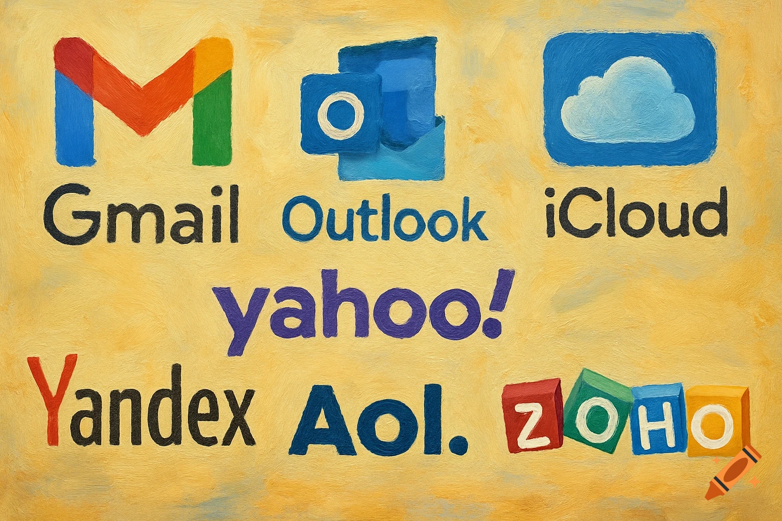 Logos and names for Gmail, Outlook, iCloud, Yahoo, Yandex, AOL, and Zoho.