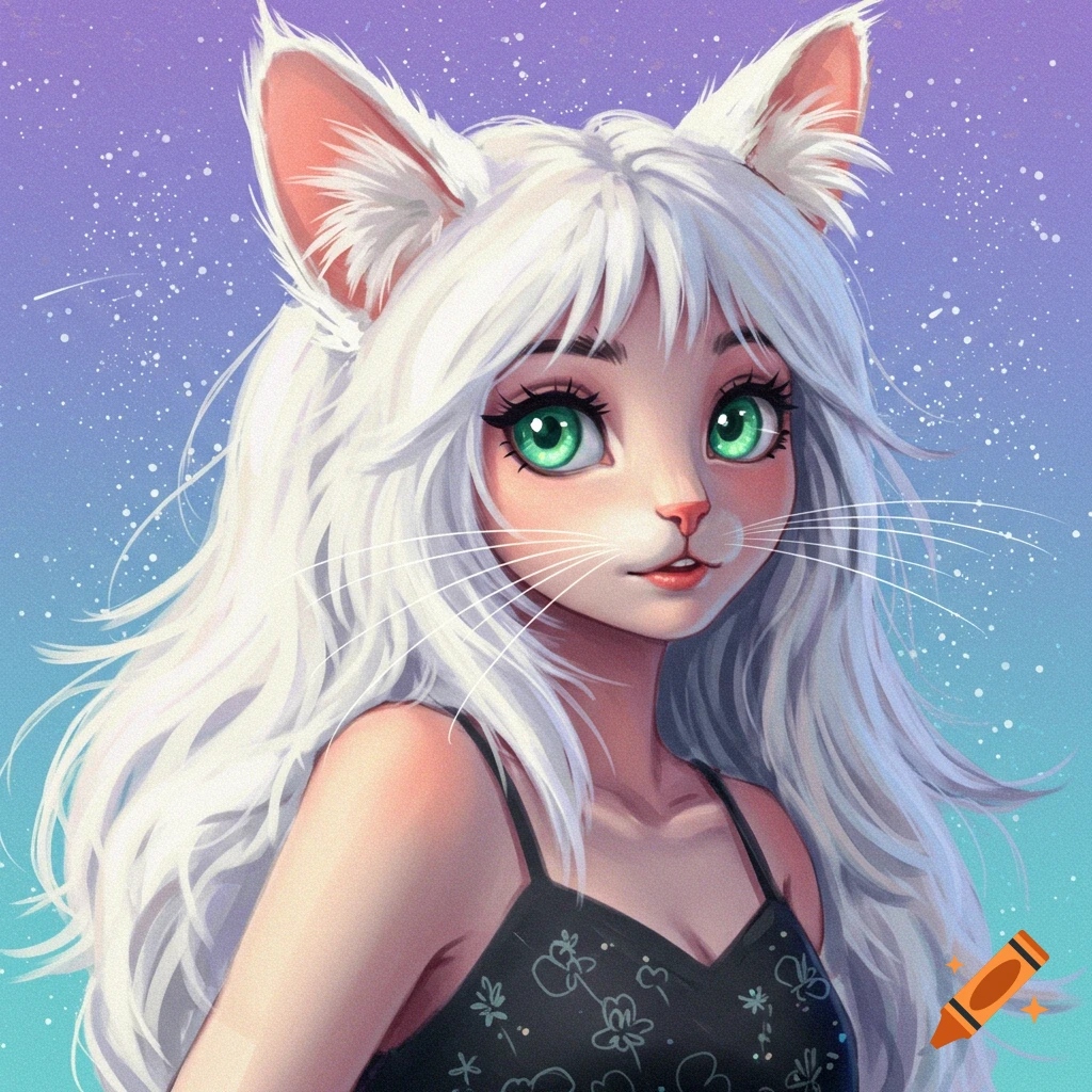 Anime style portrait of a girl with white cat ears, long white hair, green eyes, and whiskers against a starry background.