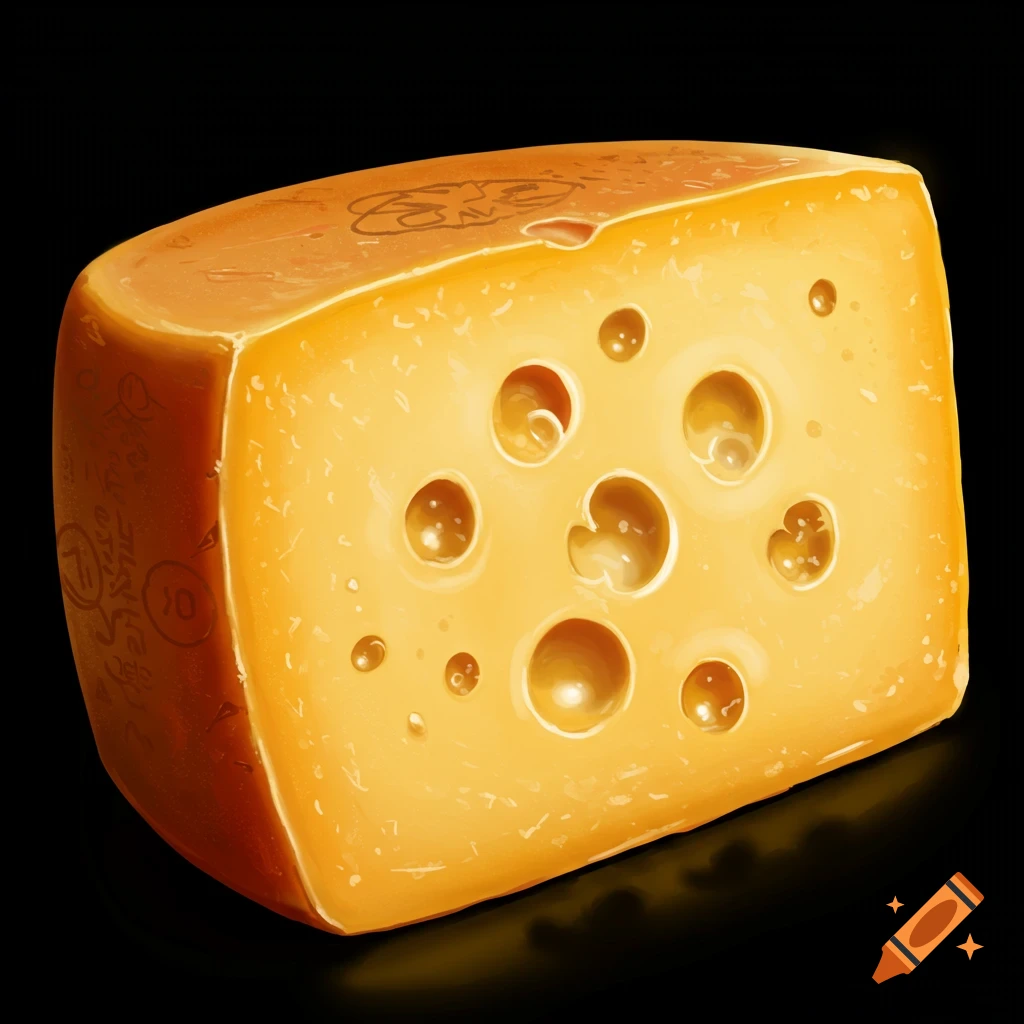 A digital painting of a wedge of swiss cheese on a black background.
