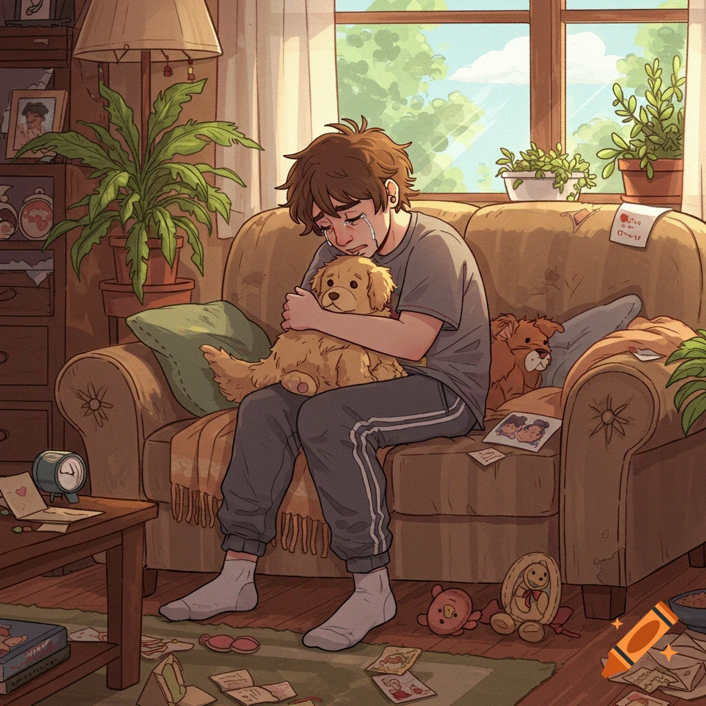 Cartoony illustration of a crying person hugging a puppy on a couch in a messy room.