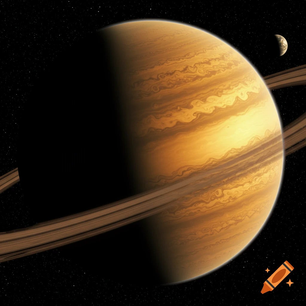 a gas giant planet with prominent rings and a moon in space.