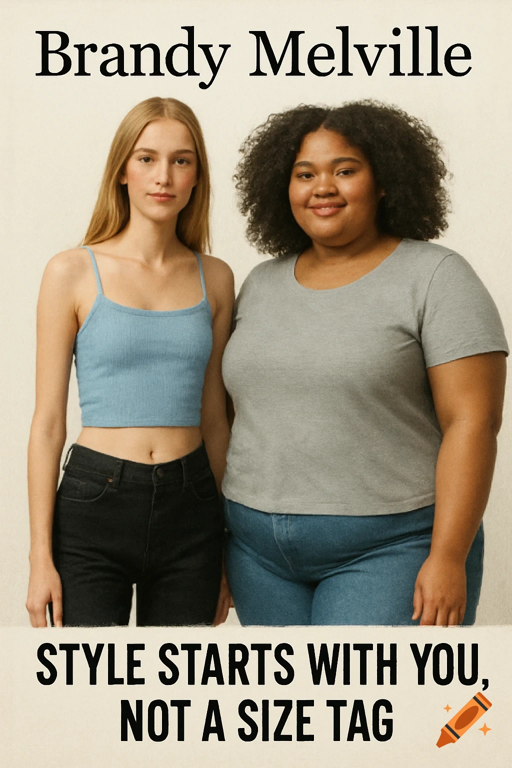 Two women of different sizes stand side-by-side, one wearing a blue crop top and black jeans, the other a grey t-shirt and blue jeans. Text reads "STYLE STARTS WITH YOU, NOT A SIZE TAG".