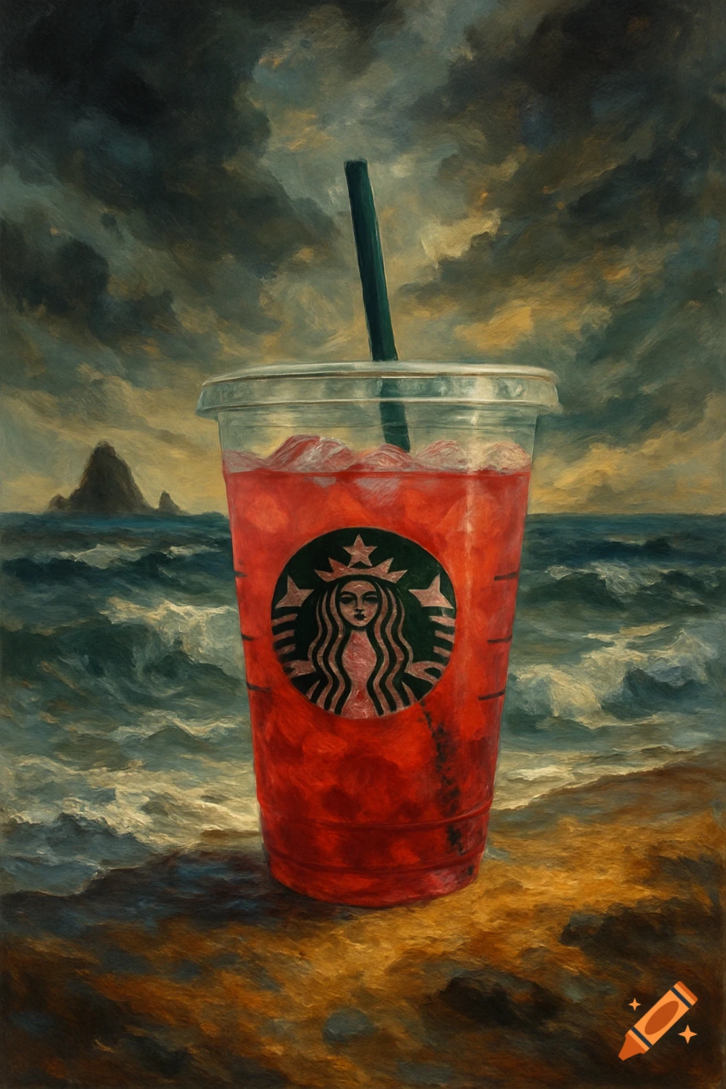 Painting of a Starbucks cup sitting on a beach with waves and a cloudy sky