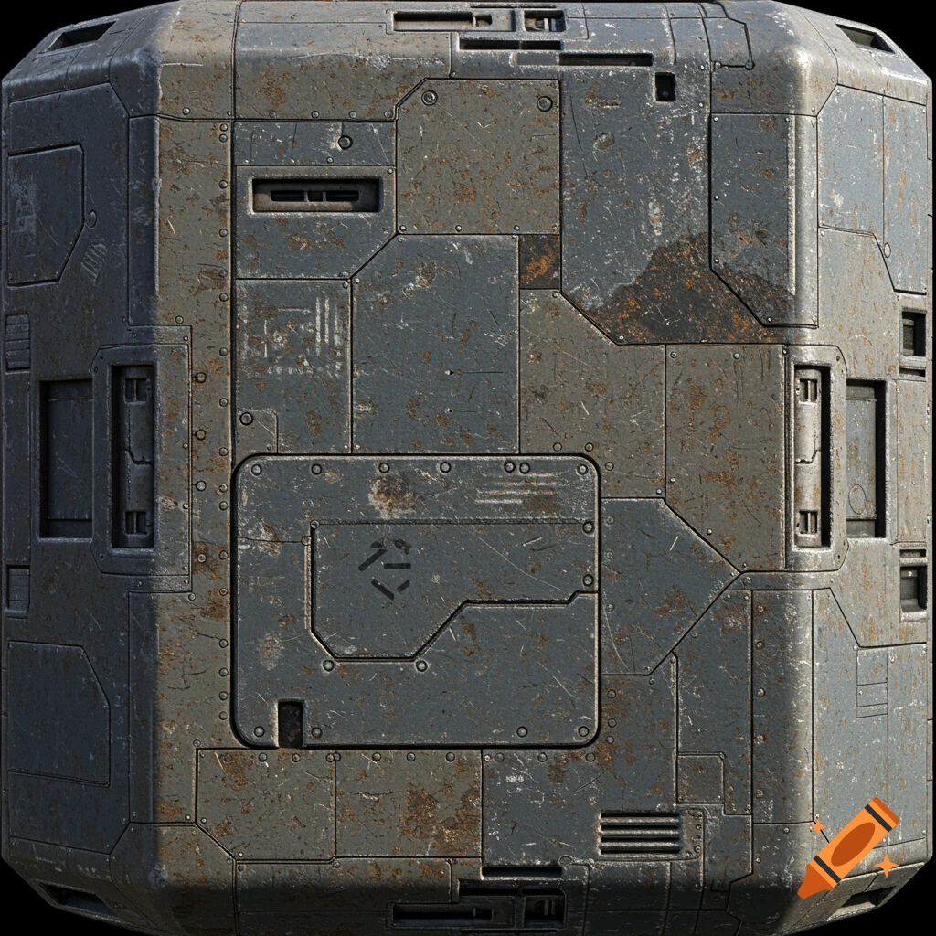 Detailed close-up of a weathered metal sci-fi crate texture with panels and rust.