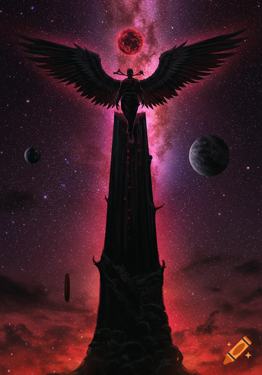 Winged figure on a dark tower in a cosmic landscape with red sun and planets.