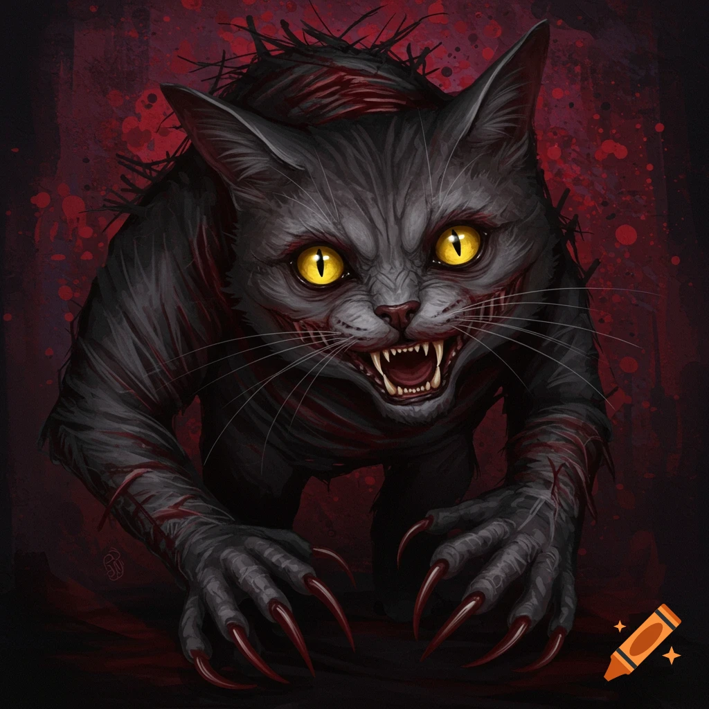 A monstrous grey cat with sharp claws and blood splatters crouches menacingly.