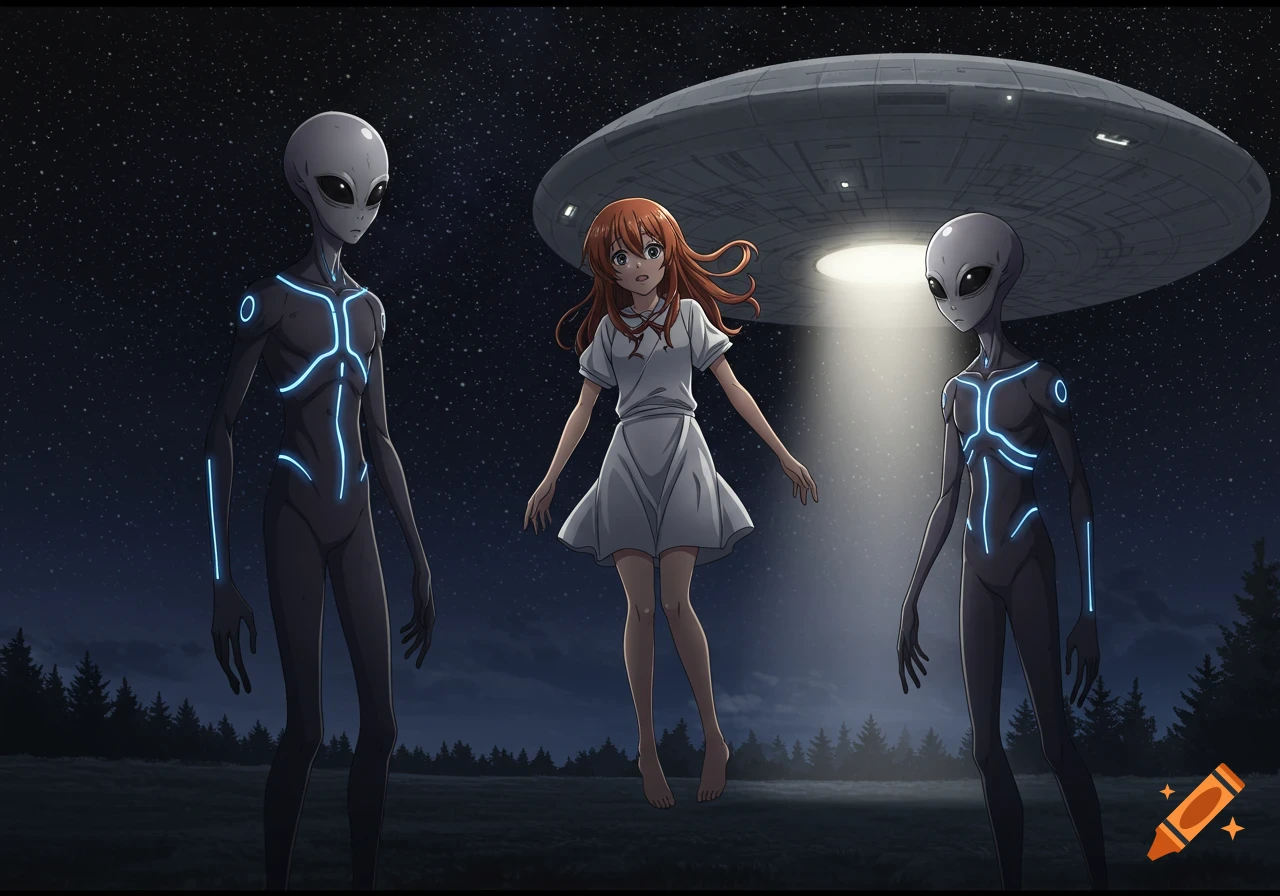 Anime girl floats between two aliens as a UFO shines a beam of light on her in a field at night.