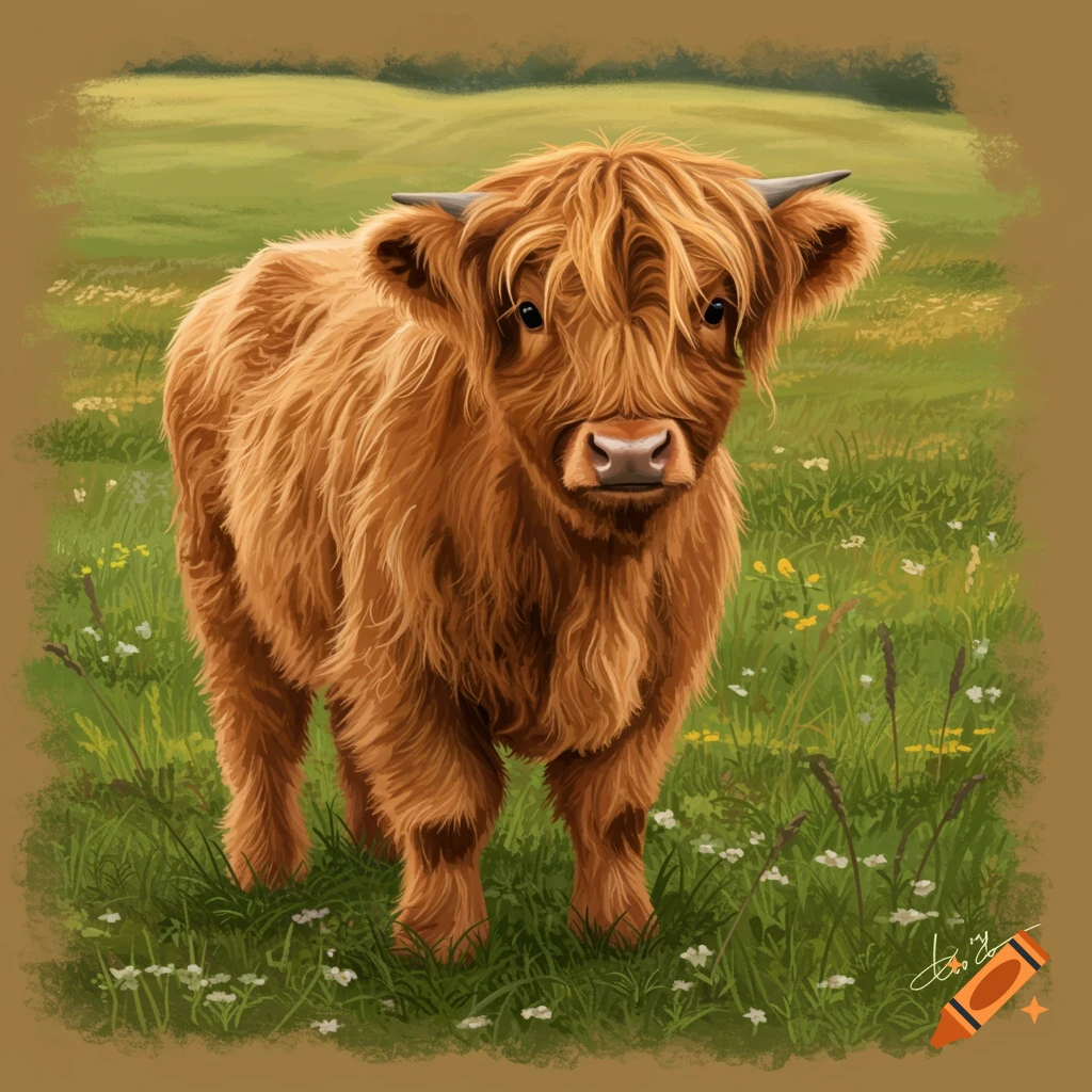 A baby highland cow stands in a meadow.