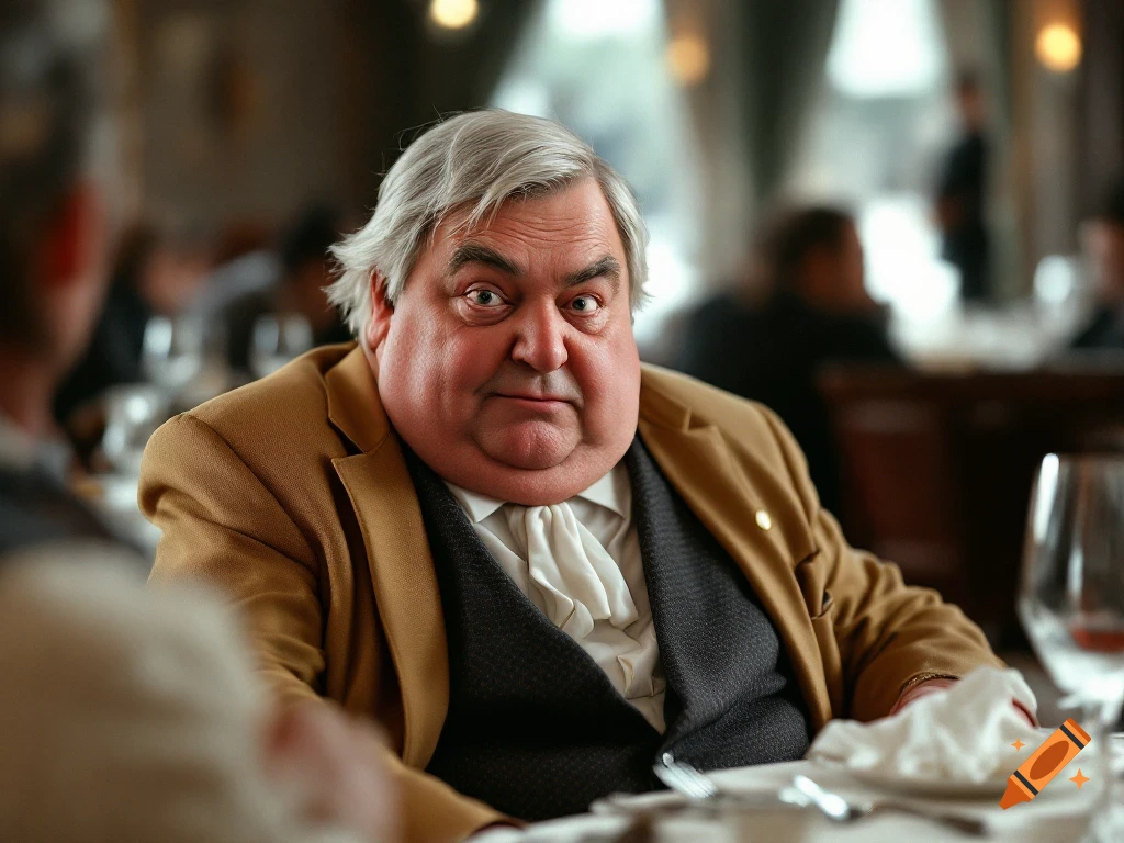 Portrait of a man with a serviette tucked into his collar, sitting at a table in a restaurant.